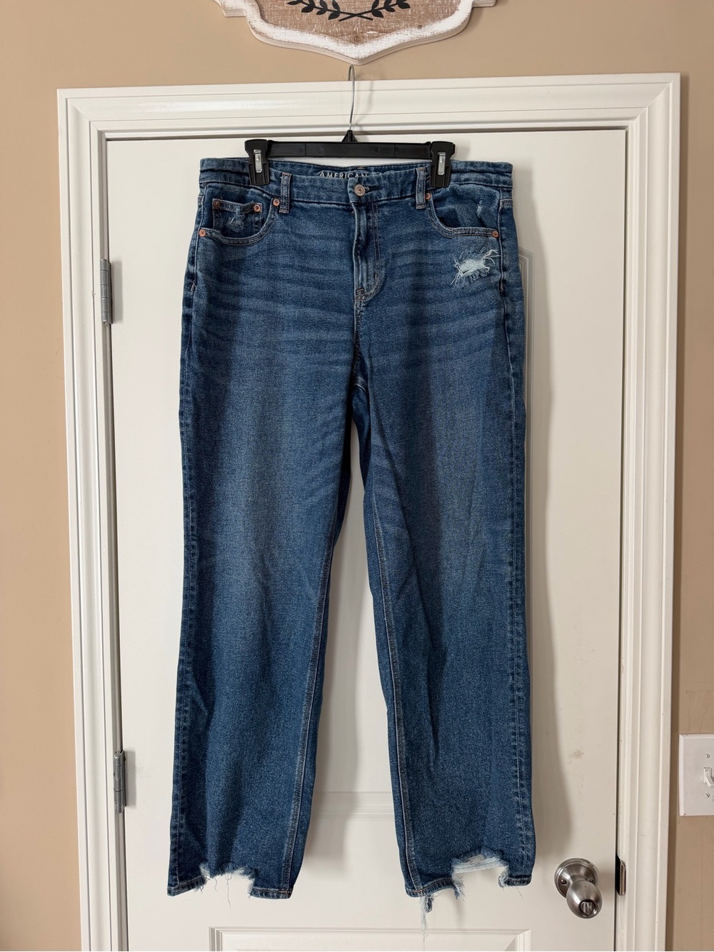 American Eagle Outfitters Distressed Dark Blue Straight-Leg Jeans 16 Long